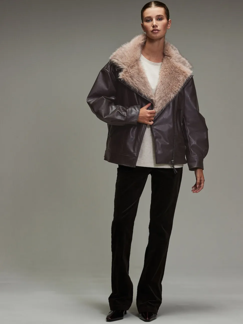 Marron chocolat - Vestes bomber en PU avec bordure en fausse fourrure