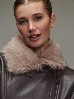 Marron chocolat - Vestes bomber en PU avec bordure en fausse fourrure