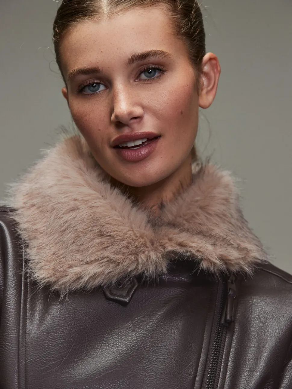 Marron chocolat - Vestes bomber en PU avec bordure en fausse fourrure