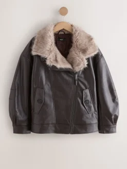 Marron chocolat - Vestes bomber en PU avec bordure en fausse fourrure