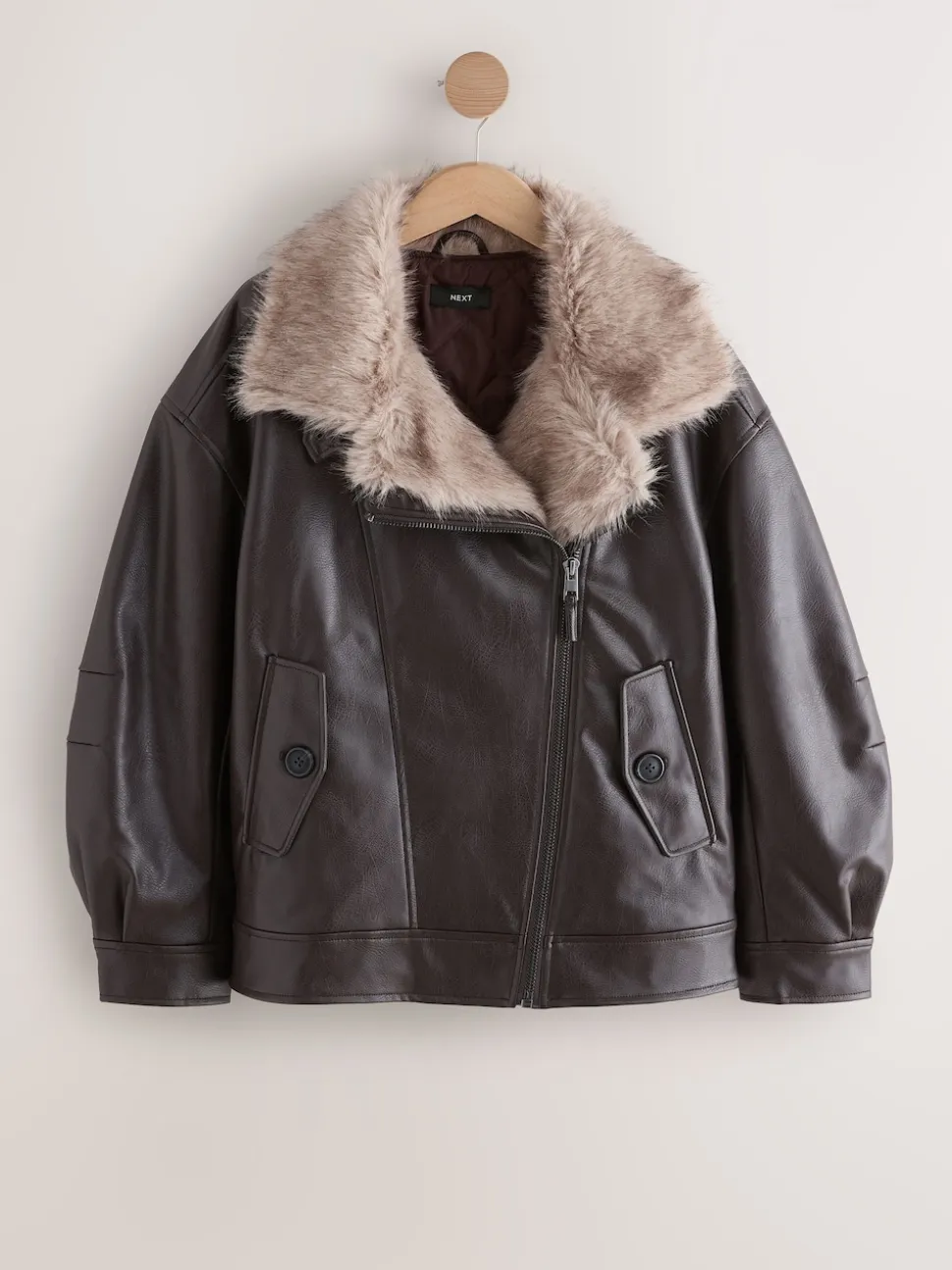 Marron chocolat - Vestes bomber en PU avec bordure en fausse fourrure