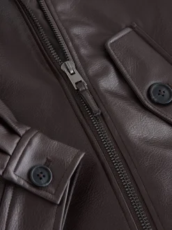 Marron chocolat - Vestes bomber en PU avec bordure en fausse fourrure