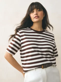 Marron chocolat rayé - T-shirt Manche courte Col ras du cou lourd