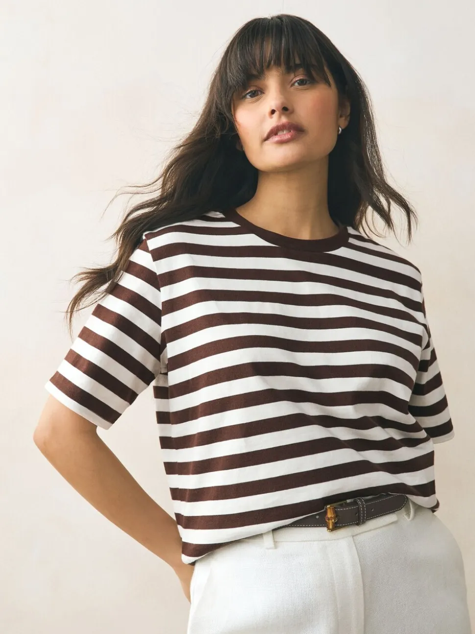 Marron chocolat rayé - T-shirt Manche courte Col ras du cou lourd