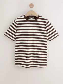 Marron chocolat rayé - T-shirt Manche courte Col ras du cou lourd