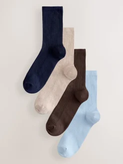 Marron chocolat/bleu - Lot de 4 paires de socquettes en maille côtelée