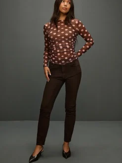 Marron chocolat/rose à pois - Haut en maille latérale froncée à manches longues