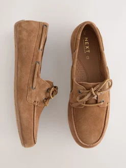 Marron fauve - Chaussures bateau en cuir à bout rond