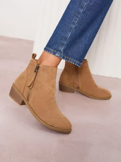 Marron fauve - Friends Like These Mid Block talons Side Zip Faux suède Cuban Bottes