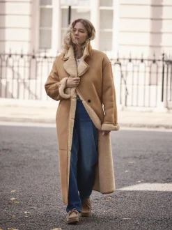Marron fauve - Manteau maxi en peau de mouton