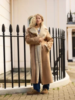 Marron fauve - Manteau maxi en peau de mouton