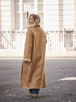 Marron fauve - Manteau maxi en peau de mouton