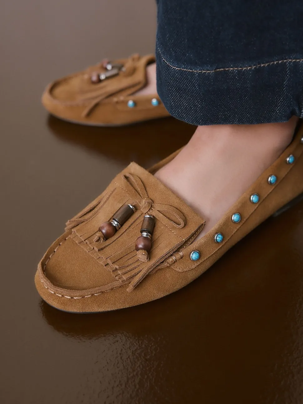 Marron fauve - Mocassins Forever Comfort® en cuir avec franges