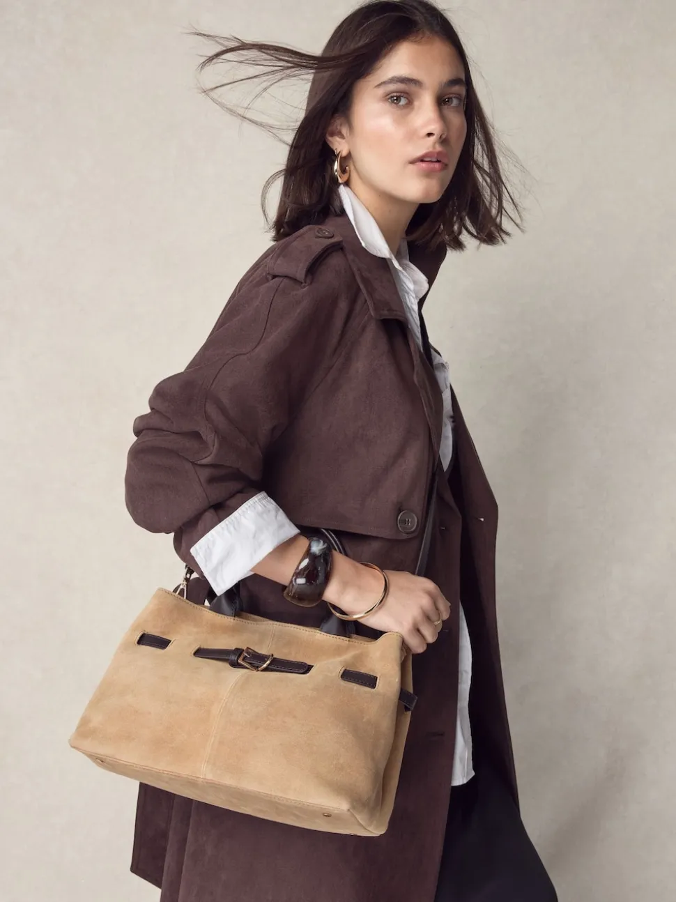 Marron fauve - Sac à main en daim à ceinture