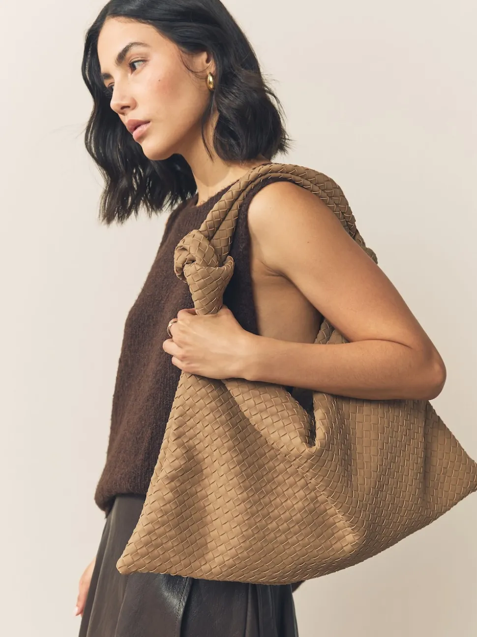 Marron fauve - Sac bandoulière tissé en Faux daim