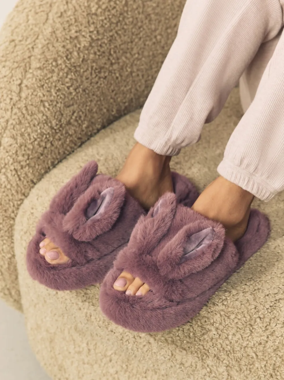 Marron mink - Chaussons Curseur en fausse fourrure lapin