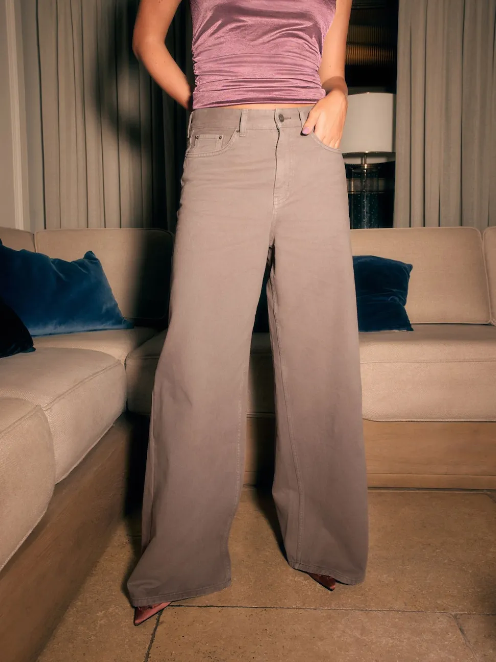 Marron mink - Jean large Palazzo taille haute