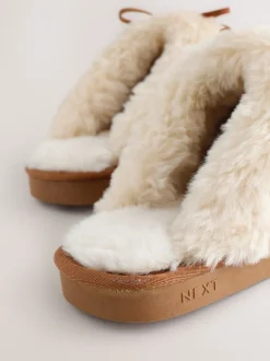 Marron noisette - Chaussons mules doublés de fausse fourrure en daim Stitch