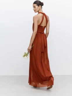 Marron rouille - Robe longue de demoiselle d’honneur multicolore en maille pour invitée de mariage