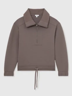 Marron taupe - Sweat-shirt Reiss Laney Premium en interlock à col zippé