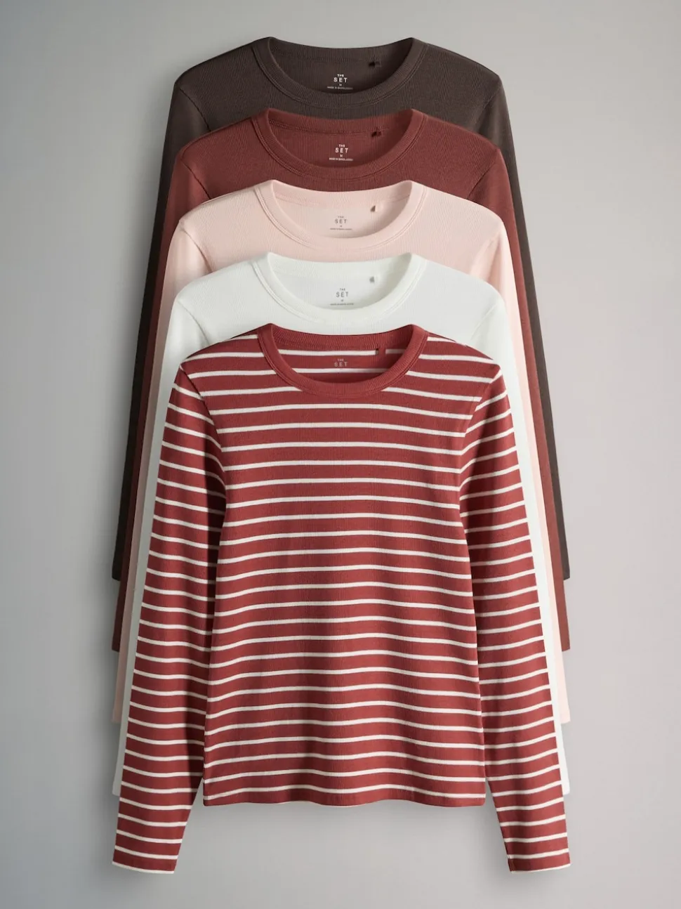 Marron/Rose/Blanc/Rayure - The Set 5 Lot Manches longues côtelées T-shirt