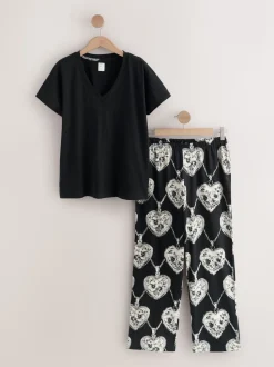 Monochrome/motif cœurs - Pyjama à manches courtes