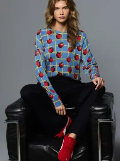 Motif à carreaux Apple bleu - Pull col rond riche en coton au toucher doux