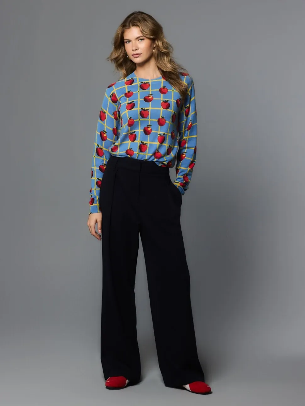 Motif à carreaux Apple bleu - Pull col rond riche en coton au toucher doux