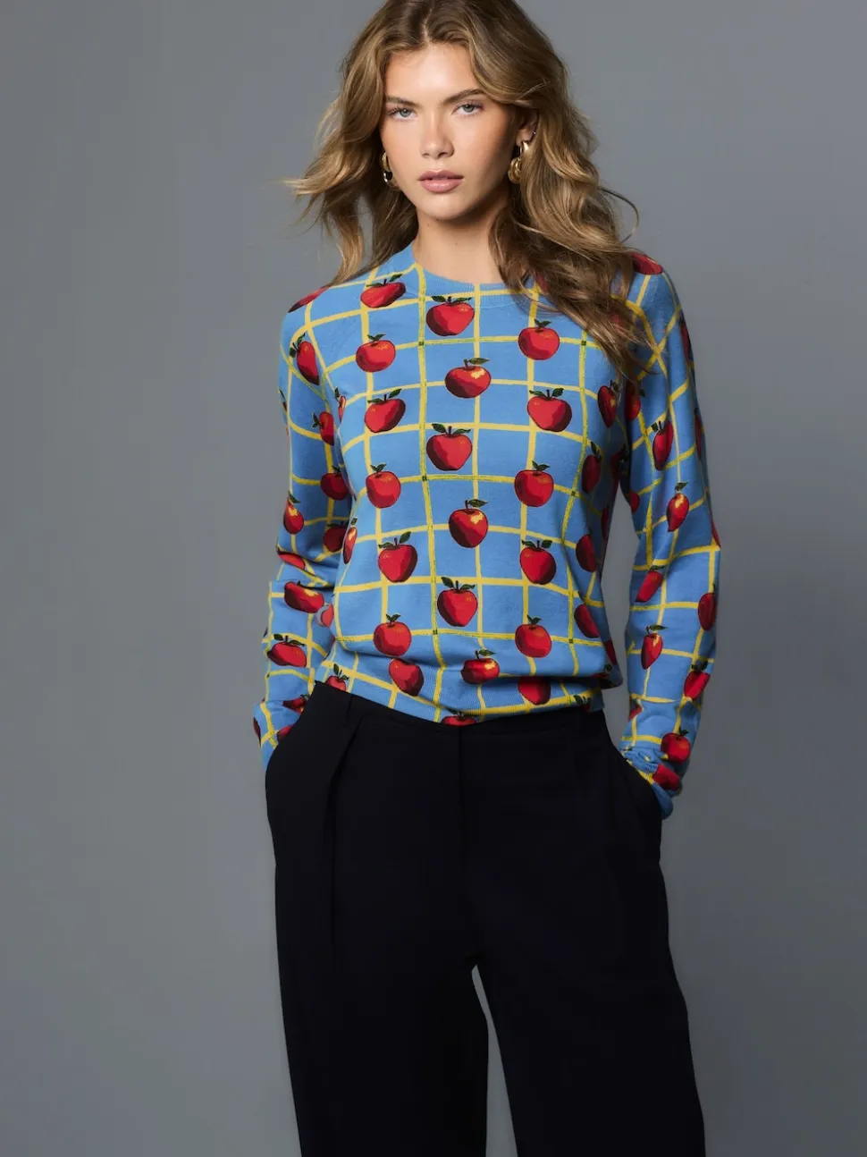 Motif à carreaux Apple bleu - Pull col rond riche en coton au toucher doux
