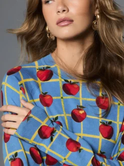 Motif à carreaux Apple bleu - Pull col rond riche en coton au toucher doux
