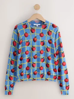 Motif à carreaux Apple bleu - Pull col rond riche en coton au toucher doux