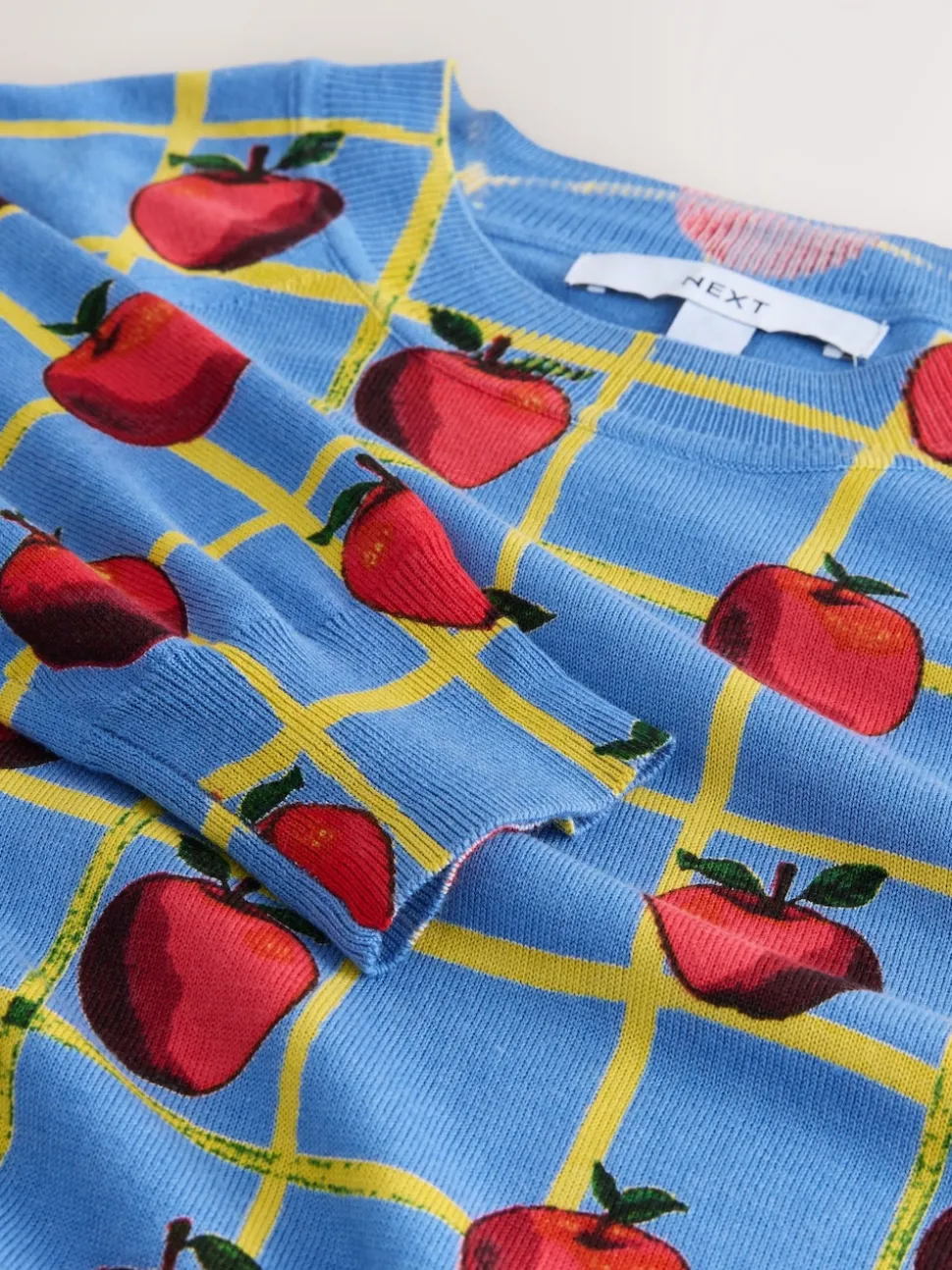 Motif à carreaux Apple bleu - Pull col rond riche en coton au toucher doux