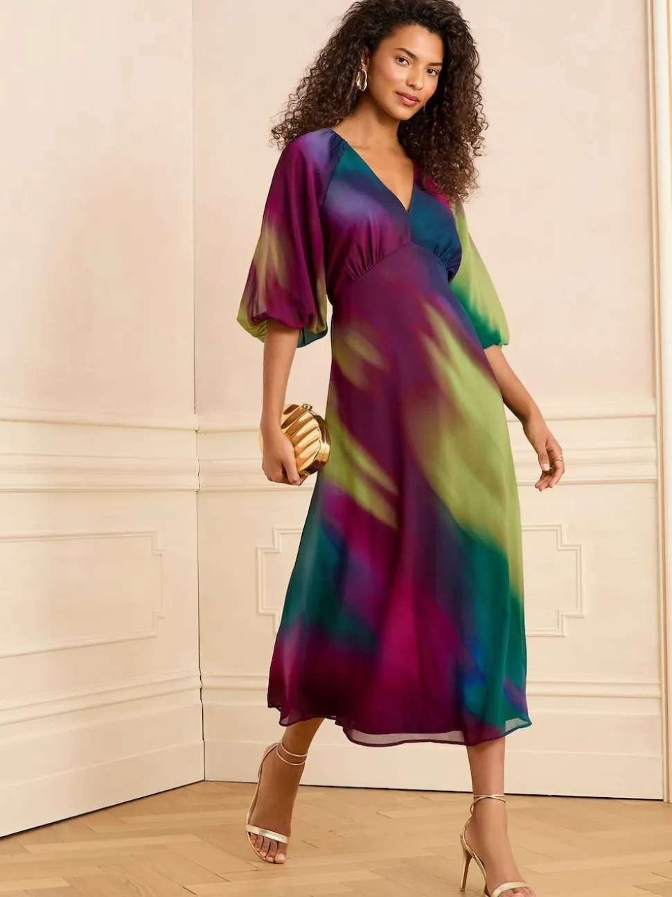 Multicolore effet dégradé - Love & Roses Robe mi-longue imprimée à manches bouffantes et col en V