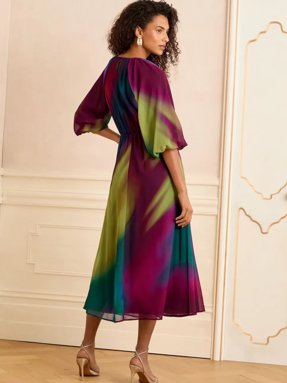Multicolore effet dégradé - Love & Roses Robe mi-longue imprimée à manches bouffantes et col en V