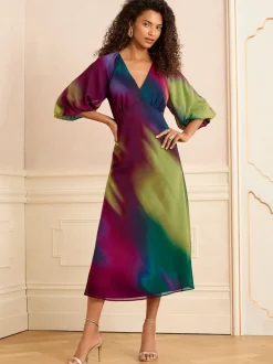 Multicolore effet dégradé - Love & Roses Robe mi-longue imprimée à manches bouffantes et col en V