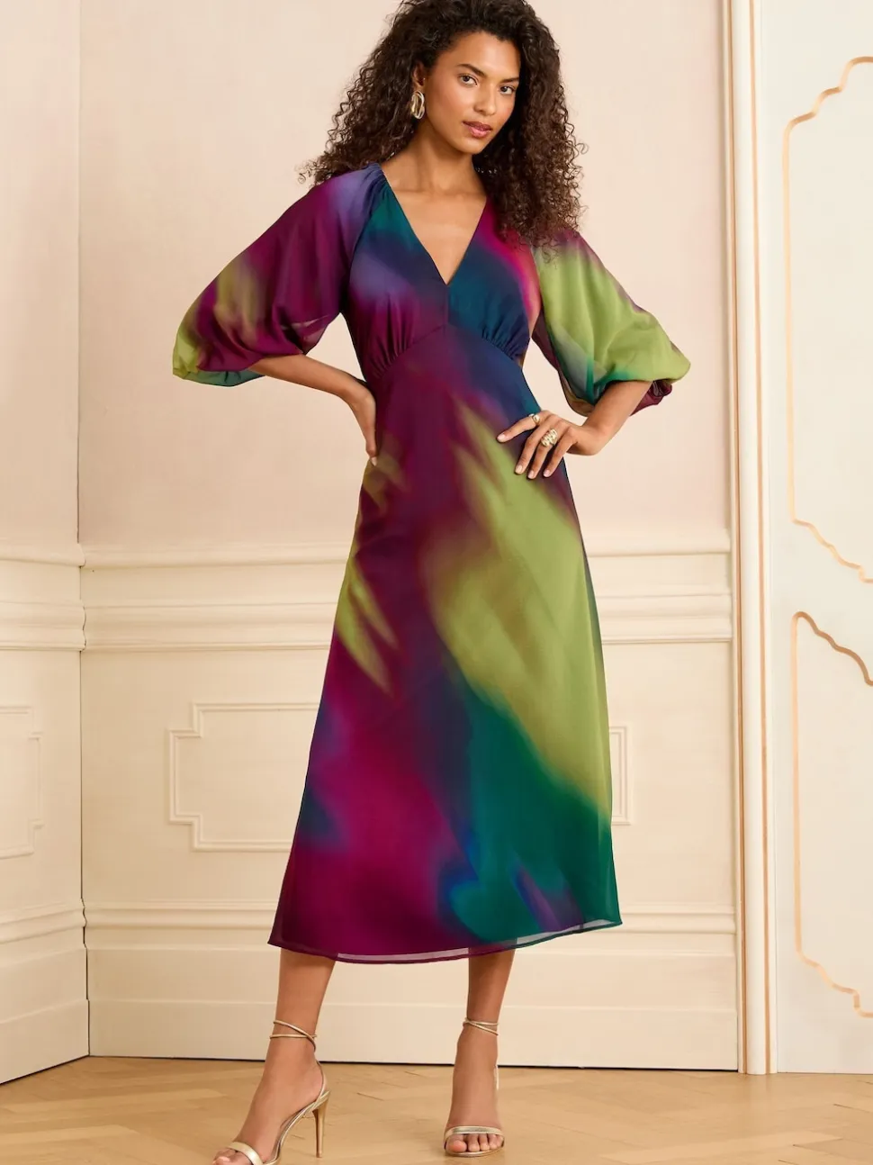 Multicolore effet dégradé - Love & Roses Robe mi-longue imprimée à manches bouffantes et col en V