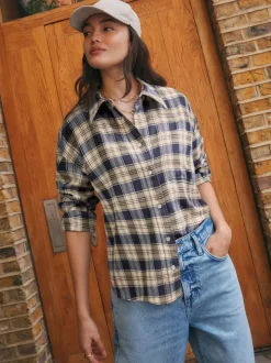 Neutre/bleu marine à carreaux - Chemise à manches longues