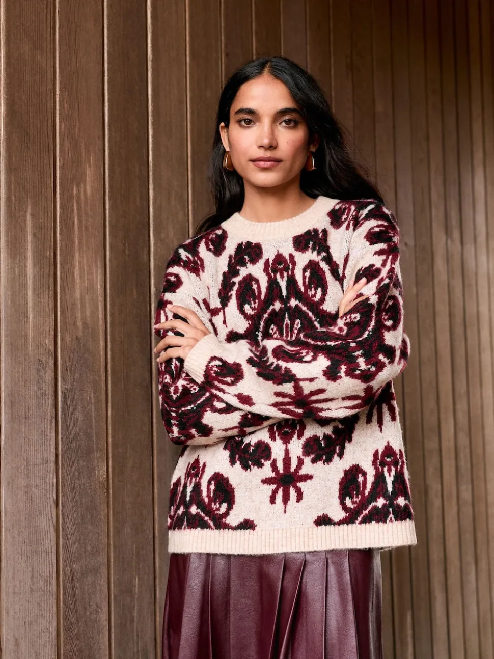 Neutre/Bordeaux - Pull à col rond Motif paisley Statement