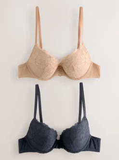 Neutre/Marine - Lot de 2 soutiens-gorge push-up pigeonnants en dentelle