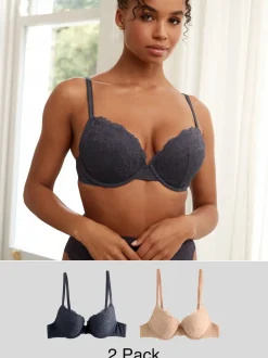 Neutre/Marine - Lot de 2 soutiens-gorge push-up pigeonnants en dentelle