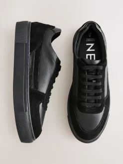 Noir - Baskets à lacets en cuir à panneaux épais
