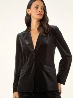 Noir - Blazer Roman en velours à simple boutonnage