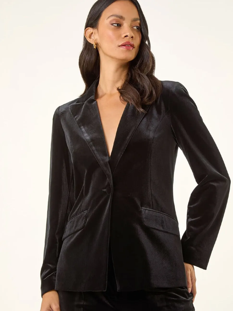 Noir - Blazer Roman en velours à simple boutonnage