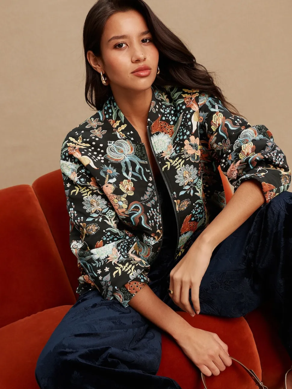Noir - Blouson bomber en jacquard fleuri