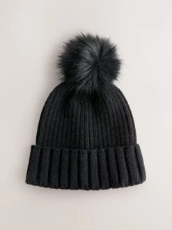 Noir - Bonnet à pompon en maille côtelée