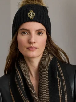 Noir - Bonnet Lauren Ralph Lauren en maille torsadée à pompons avec écusson
