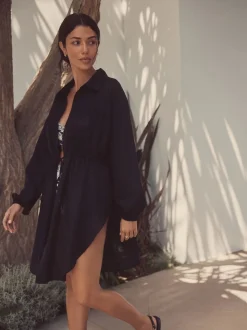 Noir - Caftan à taille froncée avec lin