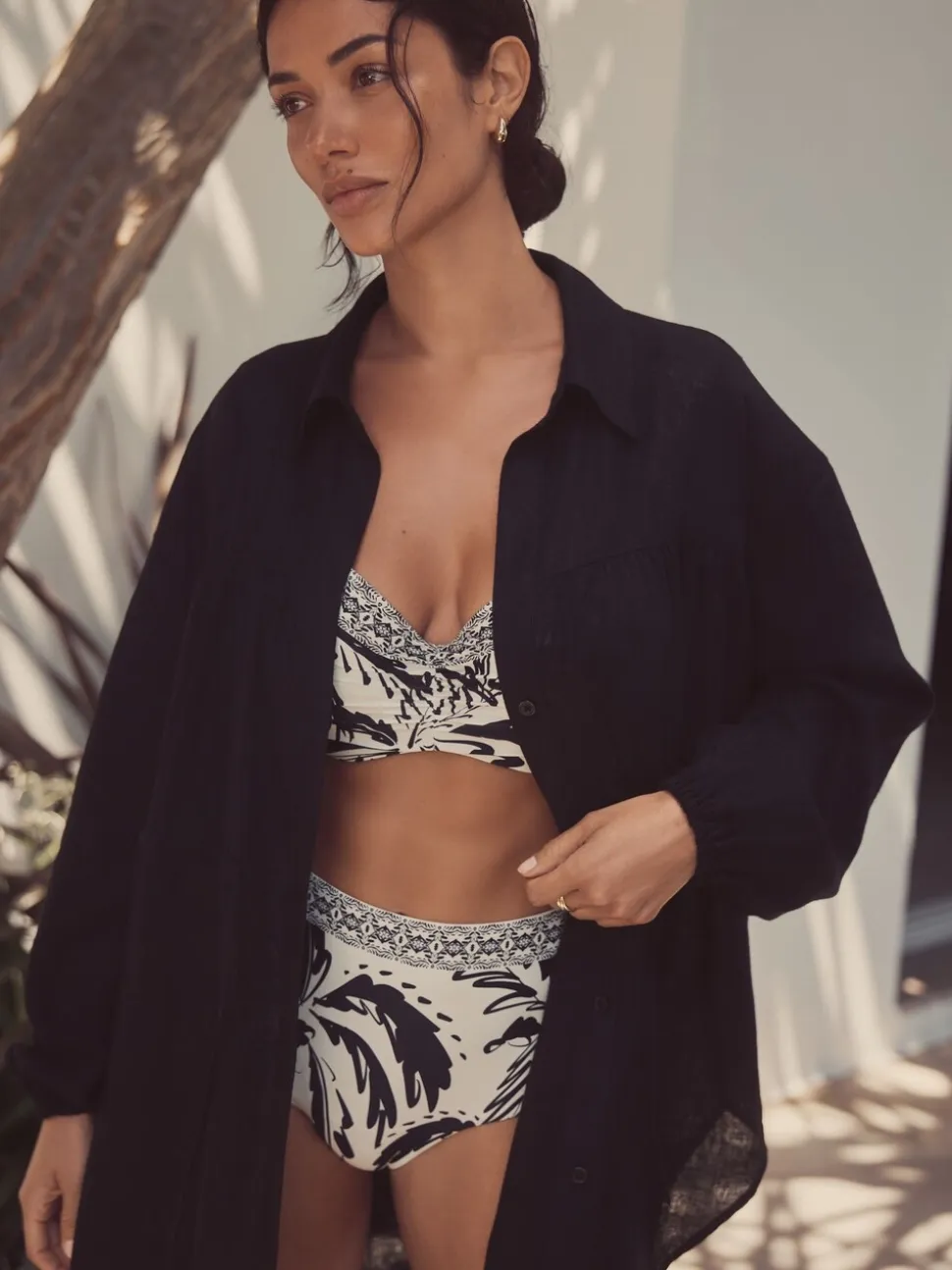 Noir - Caftan à taille froncée avec lin