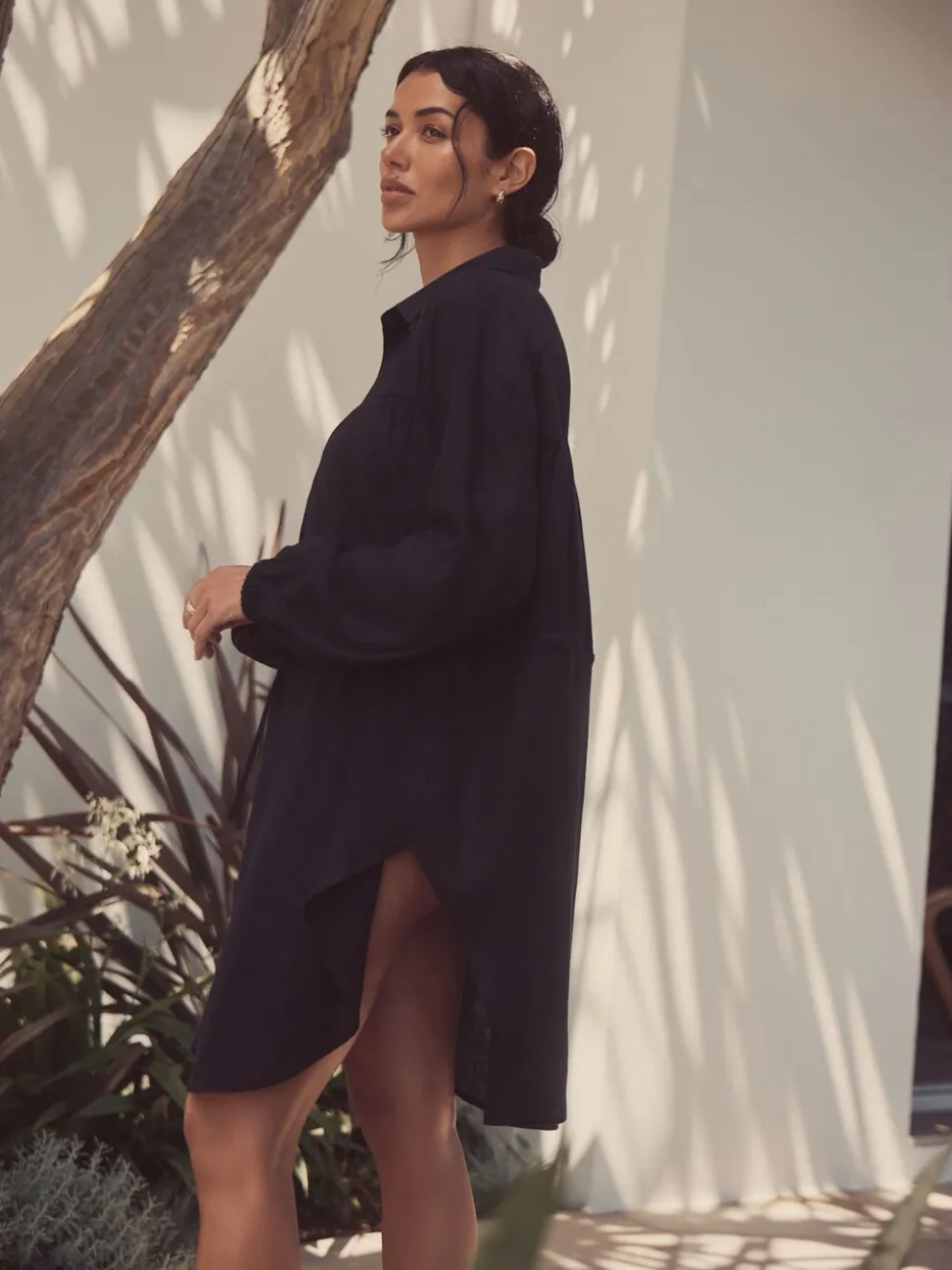 Noir - Caftan à taille froncée avec lin