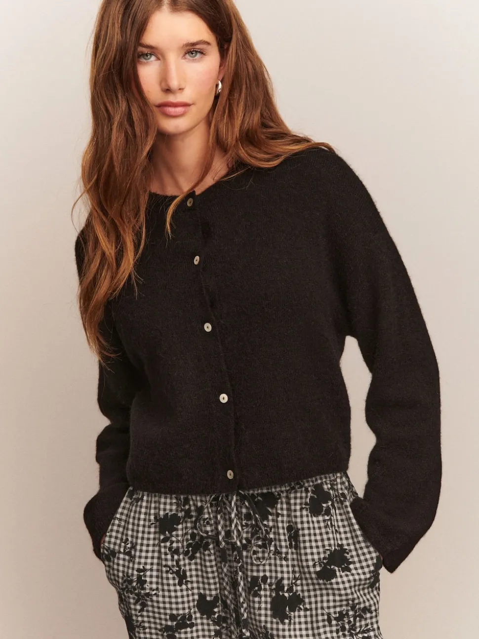 Noir - Cardigan doux en maille à Col rond en laine